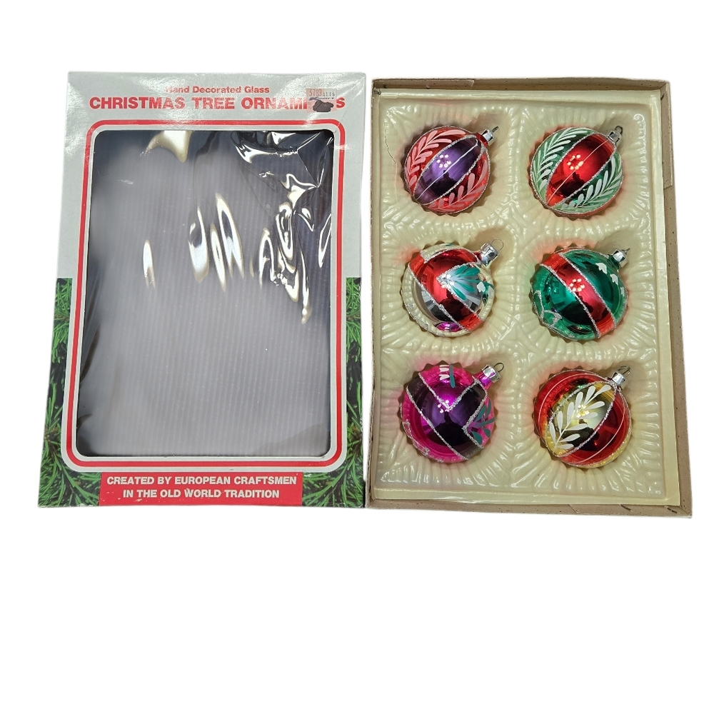 Vintage Hand Decorated Glass Christmas‎ Ornaments Set of 6 Romania Boxed 80s 90s